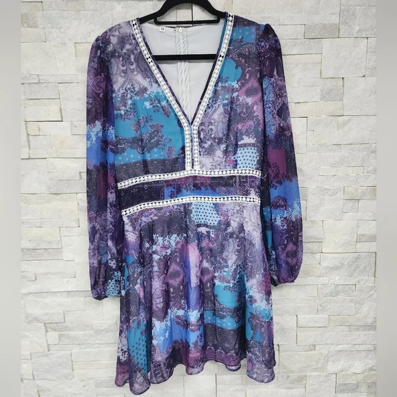 Boho Floral Paisley Print Lace Trim Dress - Picture 7 of 8